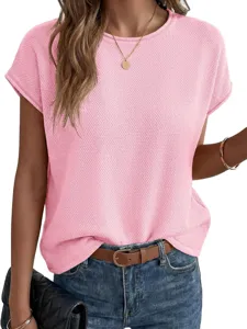 Solid color casual round neck short sleeve knit top for women, comfortable daily wear.