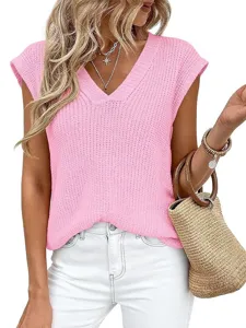 Top de Punto Casual con Cuello en V Color Sólido Manga Corta para Mujer Pullover Hombro Caído Moda Verano