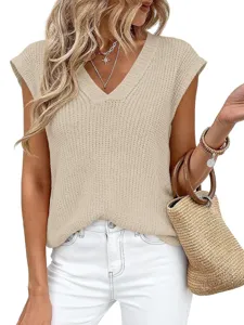 Top de punto sin mangas con cuello en V casual para mujer chaleco jersey liso verano