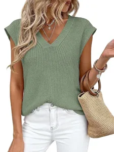 Chaleco de Punto con Cuello en V Casual de Mujer Top de Verano Sin Mangas Pullover Liso