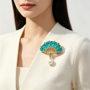 Elegant New Chinese style fan-shaped brooch with teal enamel and a pearl drop detail