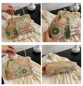 Four-grid detail view of an embroidered handbag with traditional motifs and green tassel.