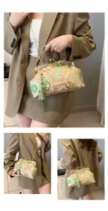 Detailed views of an elegant green embroidered handbag featuring a tassel and gold chain strap