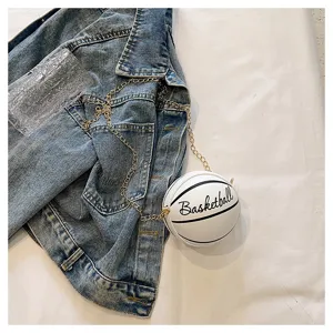 Fashionable white basketball shaped mini crossbody bag with elegant gold chain strap