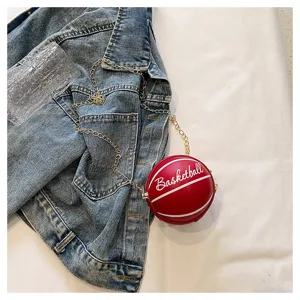 Stylish red PU basketball mini round cross-body bag with gold chain strap detail.