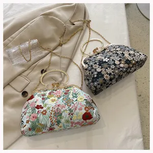 Vintage floral jacquard shell bags with elegant gold handles and detachable metal chains