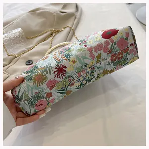 Close-up of floral jacquard handbag showing intricate fabric texture and bottom detail
