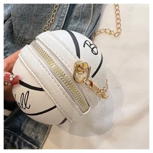 Close-up of a white basketball mini crossbody bag with gold chain