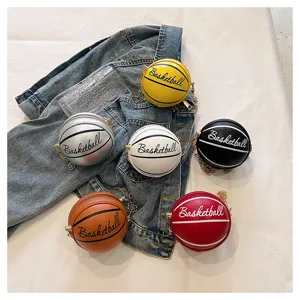 Detail view of mini basketball-shaped PU leather crossbody bags in six vibrant colors