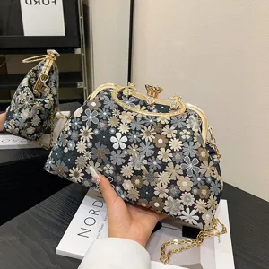 Vintage Jacquard Floral Embroidery Shell Bag Metallic Handle Rhinestone Kiss Lock Closure Evening Party Crossbody Bag