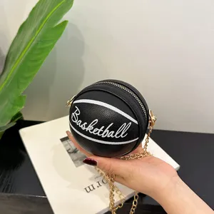Mini Basketball Shaped PU Leather Crossbody Bag Fashion Round Coin Purse With Gold Chain Strap For Women Kids Daily Casual Party Accessory