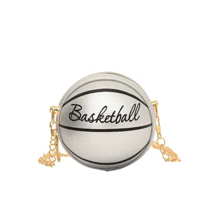 Metallic silver basketball-shaped mini crossbody purse with a stylish gold chain strap