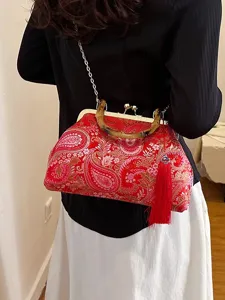 Vintage Damen Muschel Abendtasche Mit Bambusgriff Paisley Blumen Stickerei Quaste Metallkette Gurt Chinesische Handtasche