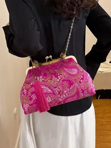Vintage Shell-Tasche mit Paisleymuster, Bambusgriff und Quaste als Umhängetasche