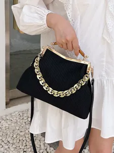 Women Embossed Striped PU Leather Shell Clasp Top Handle Bag Chunky Chain Crossbody Shoulder Bag With Acrylic Handle Purse