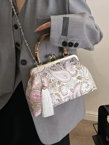 Elegante Vintage-Schalentasche mit Paisley-Muster, Bambusgriff und weißer Quaste Dekor
