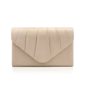 Close-up front view of an elegant champagne pleated evening clutch bag with soft texture