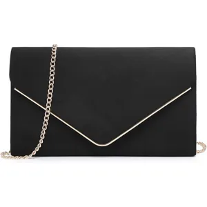 Elegant black evening clutch bag with gold metal V-trim and thin chain strap detail