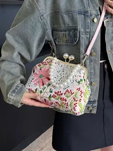 Retro Chinesischer Stil Abendtasche Blumenstickerei Perlengriff Kiss-lock Metallverschluss Schulter Umhängetasche Für Damen