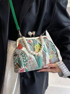 Exquisite bestickte Abendtasche mit Blumenmuster, Perlengriff und grünem Riemen