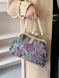 Elegante Abendtasche im chinesischen Stil mit Blumenstickerei, Perlengriff und Goldverschluss