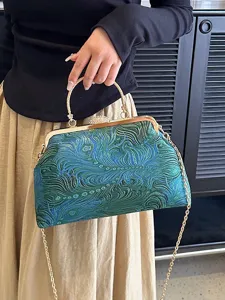 Vintage bestickte Abendtasche mit Pfauenmuster, Goldgriff und abnehmbarer Goldkette.