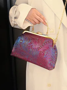 Elegante bestickte Abend-Clutch-Tasche mit Pfauenfedern-Muster und goldener Kette für Damen.