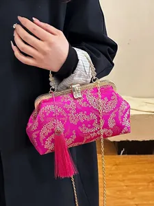 Borsa da Sera in Raso con Ricamo Floreale Stile Vintage Cinese Borsa a Conchiglia con Nappa Catena in Metallo Tracolla per Donna Matrimonio Festa Banchetto