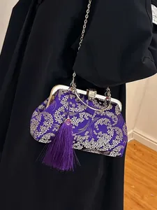 Elegante pochette da sera viola ricamata con nappina e tracolla a catena dorata
