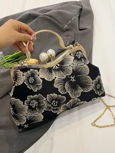 Bolso de Concha Bordado Floral para Mujer de Moda Bolso de Mano Vintage con Cierre de Perlas Artificiales y Cadena Metálica