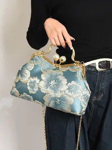 Elegante bolso bordado con flores vintage con cierre de perlas y cadena de metal dorado