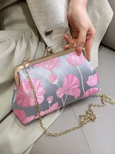 Elegante graue Muschel-Clutch mit rosa Blumenstickerei und goldener Kette