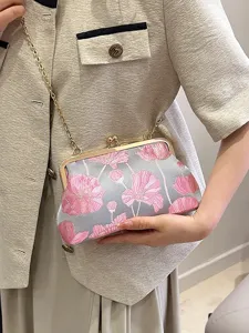 Elegante Umhängetasche mit rosa Stickerei und Goldkette für Damen mit Klickverschluss
