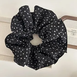 Black seersucker giant scrunchie with white flower patterns in Korean ins style.