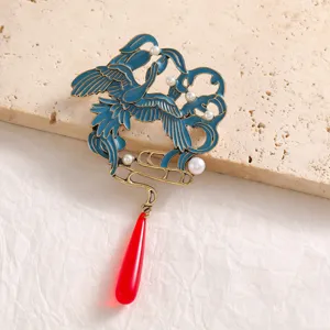 Neuer Chinesischer Stil Vintage Kranich Brosche Pin Für Damen Zinklegierung Emaille Artificial Perle Quaste Hanfu Zubehör
