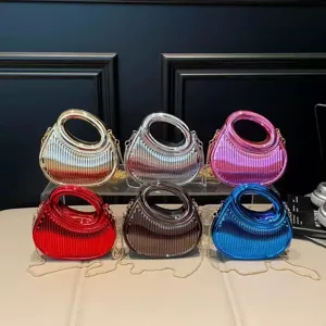 Acrylic Evening Handbag For Women New Fashion Crescent Shape Embossed Striped Texture Clutch With Metal Chain Shoulder Bag