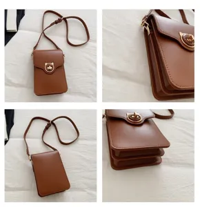 Four-way view of a minimalist brown leather mini crossbody phone bag with cat clasp