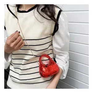 Metallic red quilted hard shell crossbody bag with elegant gold chain strap for women
