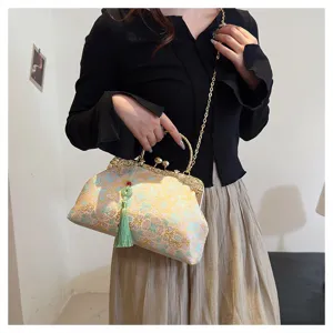 Vintage floral embroidery handbag with green tassel charm and golden chain strap