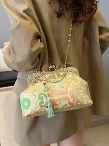 Elegant vintage Chinese style embroidered crossbody handbag with green tassel charm
