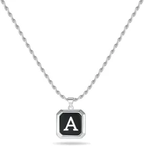 Collier avec pendentif lettre A carre en acier inoxydable et chaine en corde tendance
