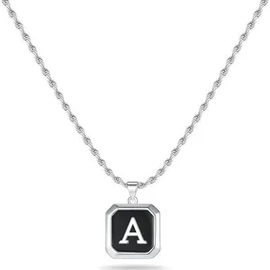 Collier Pendentif Lettre A en Acier Inoxydable Carré Émail Noir Chaîne Corde Bijou Tendance
