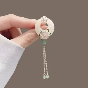 Elegant New Chinese style jade ring tassel brooch featuring pink enamel flowers and alloy