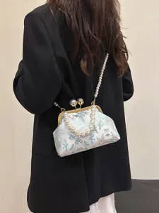 Elegante borsa a conchiglia cheongsam ricamata con manico in perle e chiusura a scatto