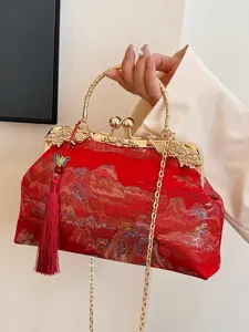 Damen Vintage Stickerei Abendtasche Elegante Landschaftsmuster Clutch Umhängetasche Mit Goldkette Quaste Schmetterlingsverzierung