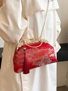 Exquisite rote bestickte Abendtasche mit Seiden-Landschaftsmuster und Goldkette