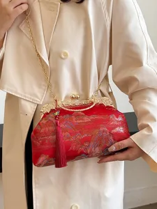 Elegante rote bestickte Abendtasche mit Goldverschluss und Vintage-Seidenquastendekor