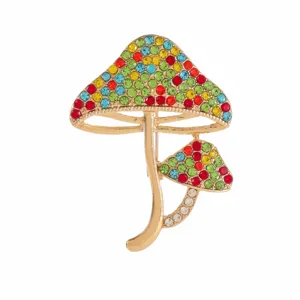 Detailed view of a colorful mushroom brooch featuring vibrant sparkling rhinestones.