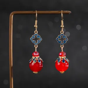Boucles d'oreilles chinoises antiques avec perles rouges et émail bleu pour Hanfu