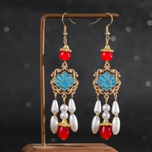Boucles d'oreilles anciennes chinoises avec perles et motifs lotus bleus pour Hanfu